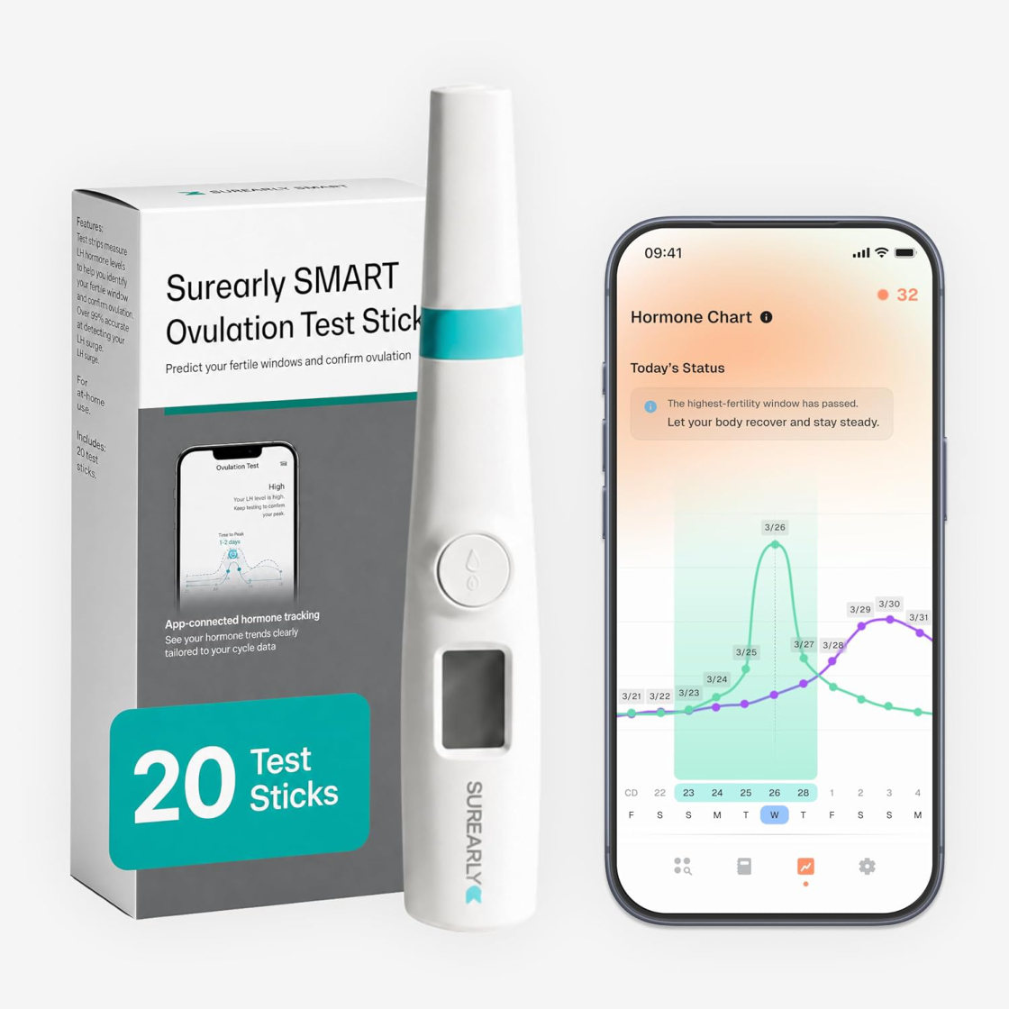 The Surearly SMART kit — box, at-home hormone test device, and the Soonr app showing a personal Hormone Chart.