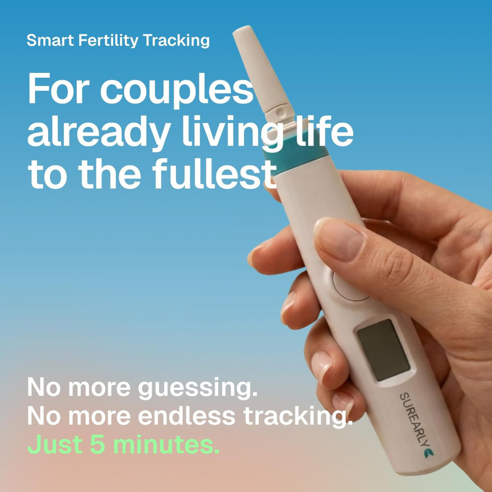 A hand holding the Surearly device for a 5-minute at-home hormone test.